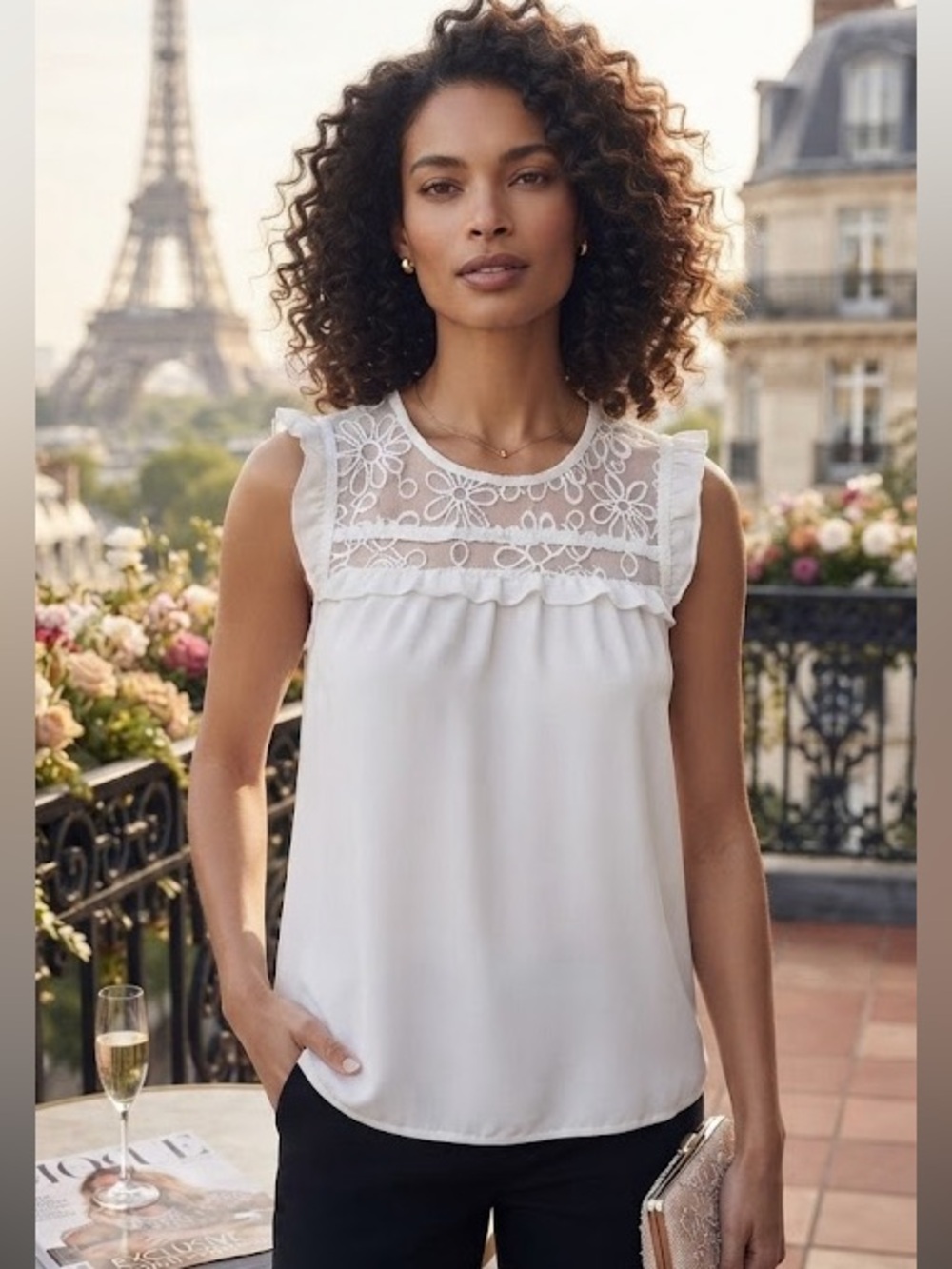 Lacey Embroidered Yoke Sleeveless Ruffle Top Blouse P2P:19’